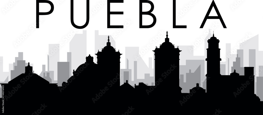 Black cityscape skyline panorama with gray misty city buildings background of the PUEBLA, MEXICO with a city name tag