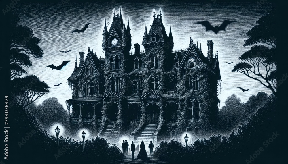 An abandoned Victorian-style mansion enveloped in fog, with bats in the distance and a group of people approaching with lanterns. AI Generated