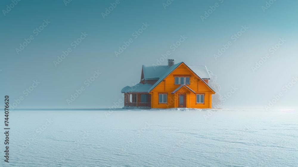 a house in the middle of a snow covered field with a blue sky in the background and a few clouds in the sky over the top of the house in the foreground. a house in the middle of a snow covered field with a blue sky in the background and a few clouds in the sky over the top of the house in the foreground.