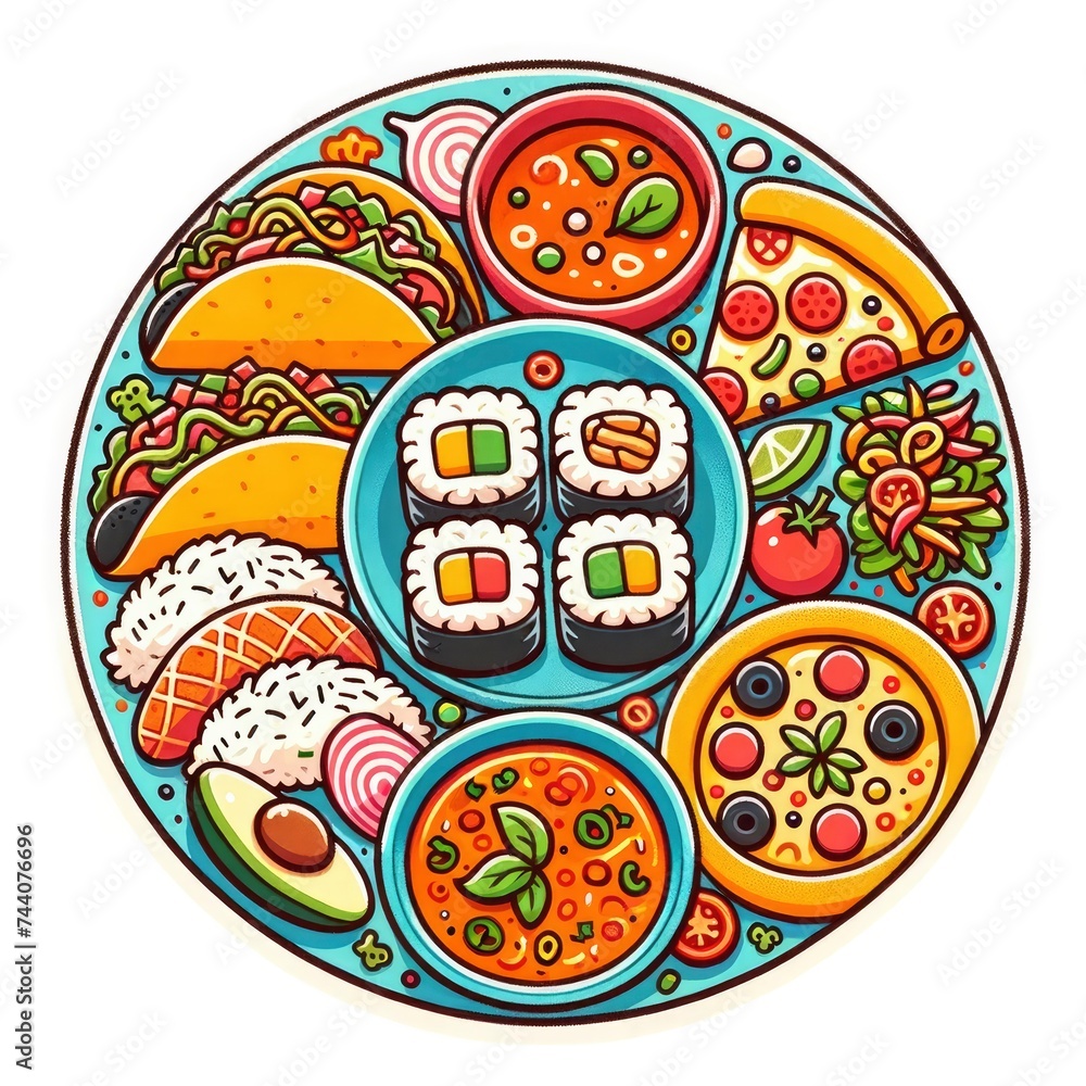 A plate filled with diverse international dishes like sushi rolls, tacos, pizza, and curry. AI Generated A plate filled with diverse international dishes like sushi rolls, tacos, pizza, and curry. AI Generated