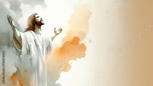 Jesus Christ in worship in front of a watercolor background with copy space. © Faith Stock