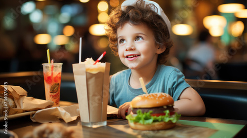 Kid Enjoying Hamburger at Restaurant