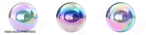 Set of 3d rendering iridescent sphere shape isolated on transparent background
