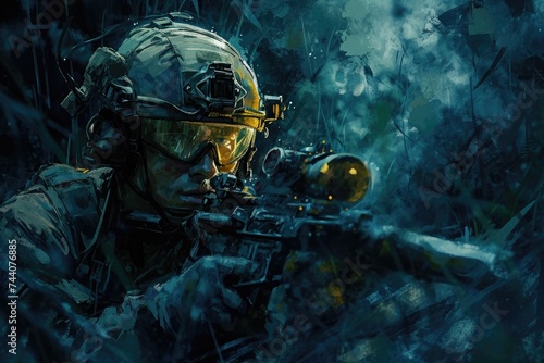 A man stands holding a rifle in his hand, ready for action, Impressionistic art of Special Forces soldier on a night mission, AI Generated
