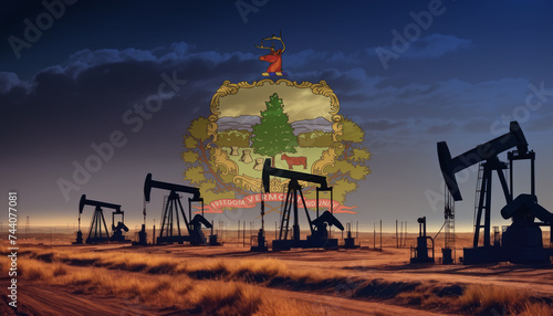Oil production in the Vermont. Oil platform on the background of the Vermont flag. Vermont flag and oil rig. Vermont fuel market.