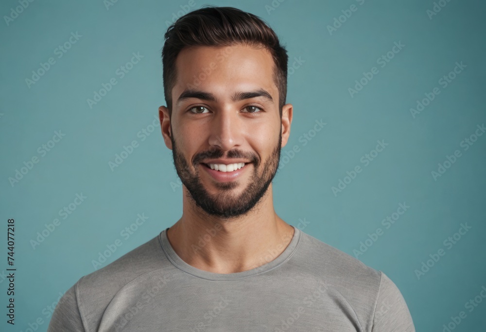 A bearded man with a neat hairstyle wearing a grey sweater exudes casual sophistication against a blue background. A bearded man with a neat hairstyle wearing a grey sweater exudes casual sophistication against a blue background.