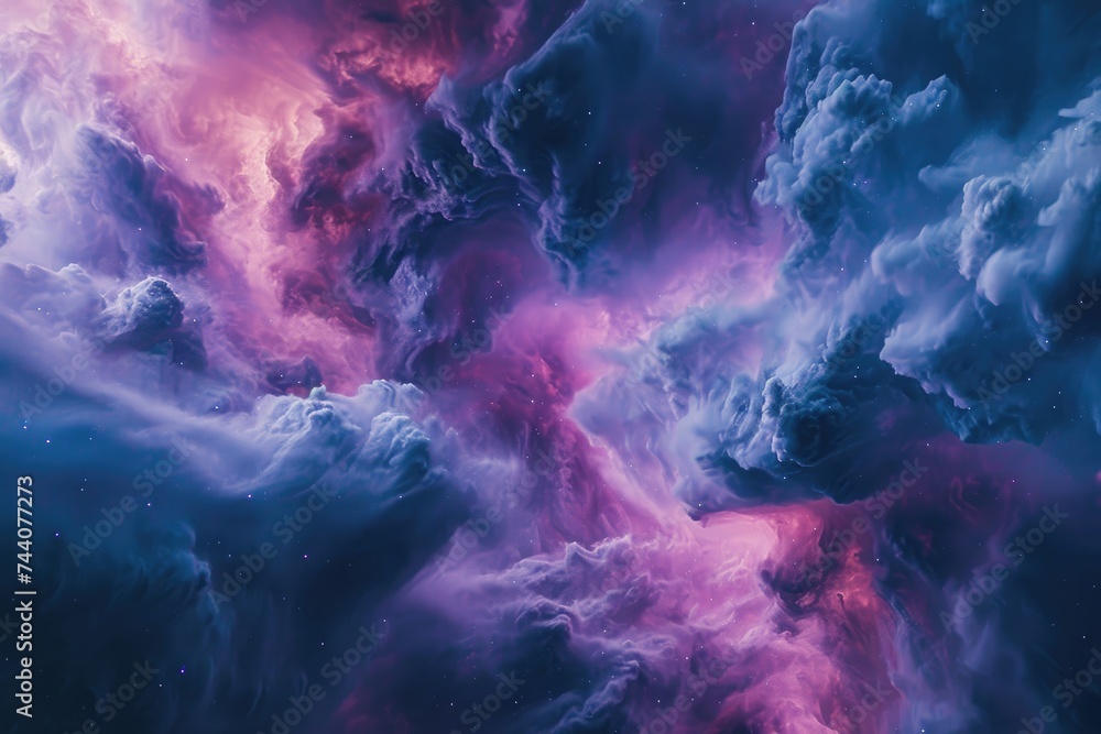 The photo captures a stunning sky filled with purple and blue hues, adorned with fluffy clouds, during a captivating sunset, Indigo and pink tones merging in a galactic cloud formation, AI Generated