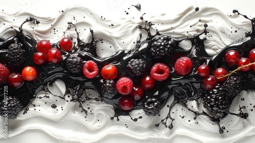  a close up of a plate of food with berries and blackberries on top of a whipped cream swirl and blackberries and raspberries on the top of the plate.