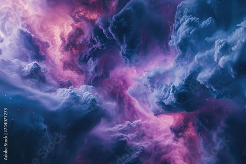 The photo captures a stunning sky filled with purple and blue hues, adorned with fluffy clouds, during a captivating sunset, Indigo and pink tones merging in a galactic cloud formation, AI Generated © Iftikhar alam