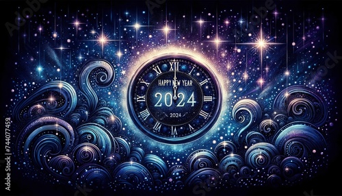 Happy New Year 2024. An abstract midnight backdrop with a prominent countdown clock and a dreamy ambiance. AI Generated