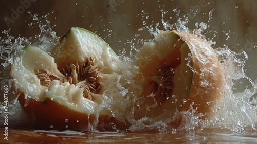  a close up of a piece of fruit with water splashing on it and a piece of fruit on the other side of the image with water splashing on it.