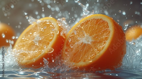  a group of oranges that are sitting in the water with water splashing off the top of the oranges and the bottom half of the oranges in the water.