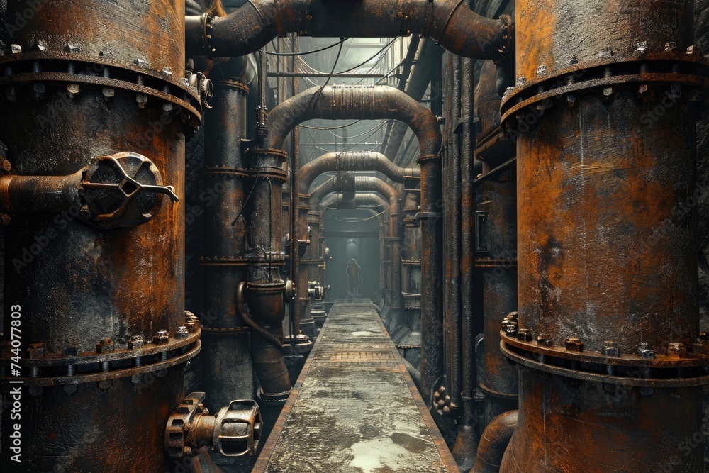 A long, narrow hallway in an industrial building is filled with an extensive network of pipes, Industrial pipelines in a steampunk-inspired setting, AI Generated