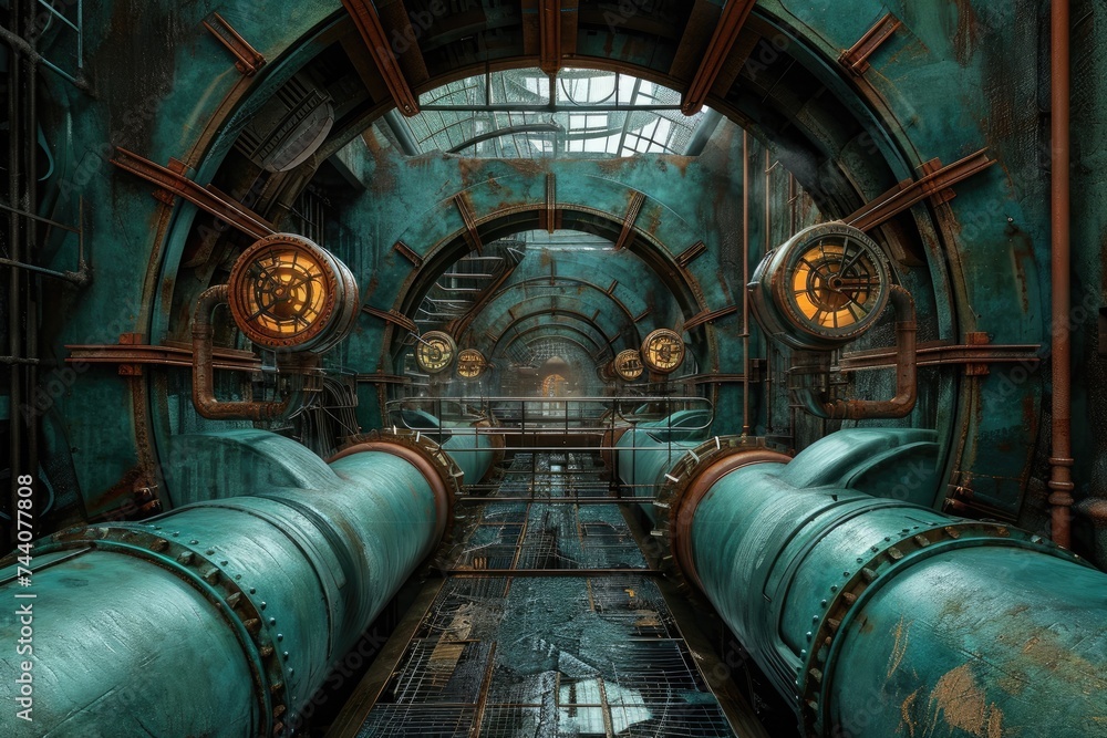 This photo captures a massive pipe inside a vast industrial building, Industrial pipelines in a steampunk-inspired setting, AI Generated This photo captures a massive pipe inside a vast industrial building, Industrial pipelines in a steampunk-inspired setting, AI Generated
