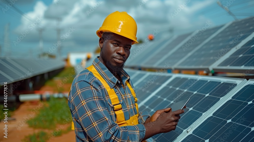 African electrician engineer in helmet and uniform using tablet inspecting solar panels in solar power station African electrician engineer in helmet and uniform using tablet inspecting solar panels in solar power station