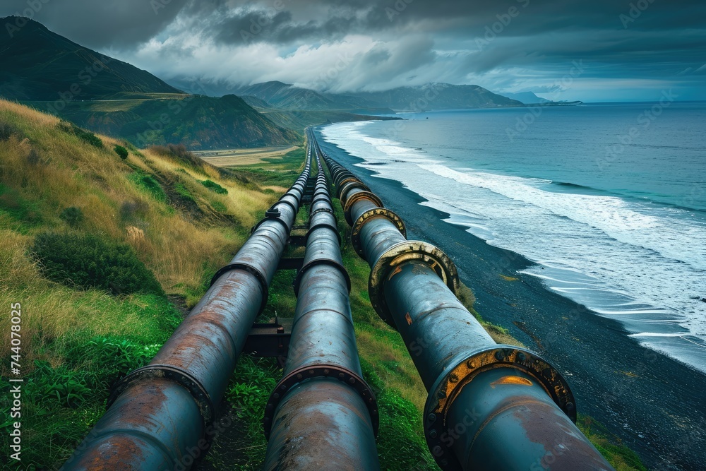 A sizeable pipe situated on the side of a hill, overlooking the ocean, Industrial pipelines running along a spectacular coastline, AI Generated - obrazy, fototapety, plakaty 
