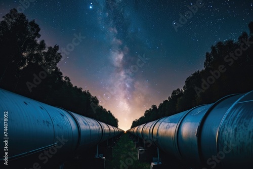 Long Line of Gas Tanks With Milky Way in the Background, Industrial pipelines running under a star-filled night sky, AI Generated