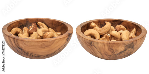 sets of cashews in a wooden bowl, isolated on transparent background