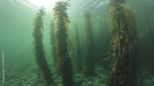 a group of seaweeds floating in the water with sunlight shining through the water's backrounds on the bottom of the photo, and bottom of the photo. photo
