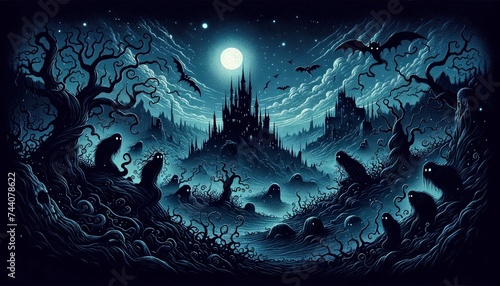 Illustration of a hauntingly beautiful dark realm. The land is bathed in moonlight  revealing twisted  thorn-covered trees and mysterious ruins. AI Generated