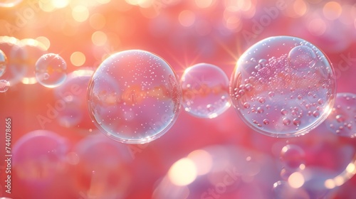  a group of bubbles floating on top of a pink and blue background with a sunburst in the sky in the middle of the bubbles is a blurry photo.