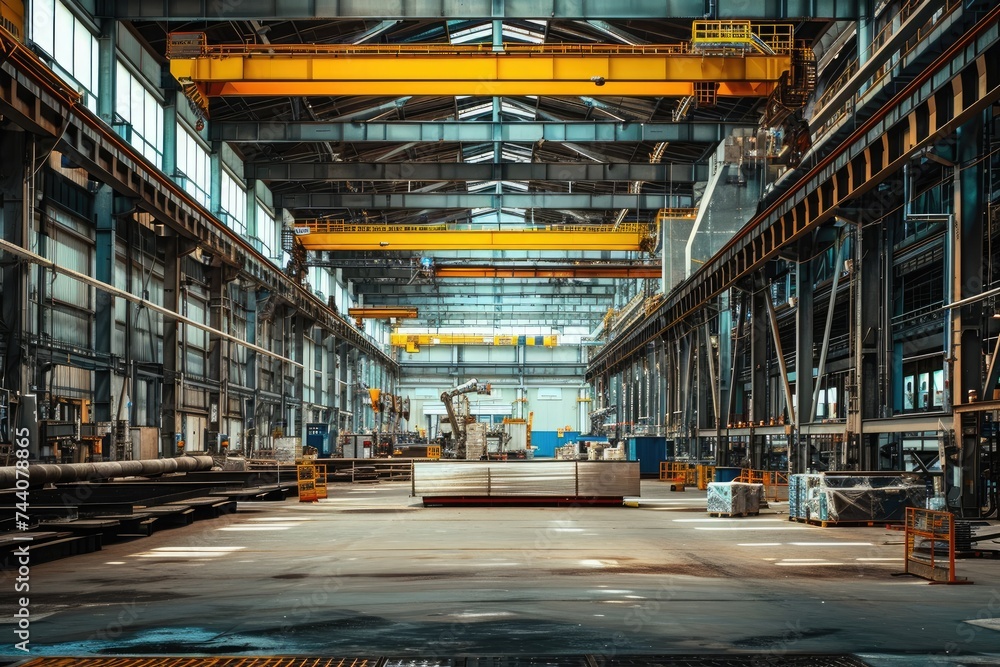This photo showcases a vast warehouse space filled with a variety of machinery and equipment, Interior of a fully automated construction factory, AI Generated - obrazy, fototapety, plakaty 