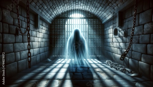 Showcasing a translucent ghostly figure representing depression, confined within the confines of an ancient prison. AI Generative photo