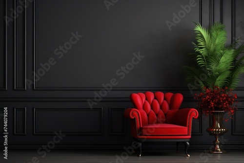 A red colored luxury armchair in a black walls living room with decor mock up. 