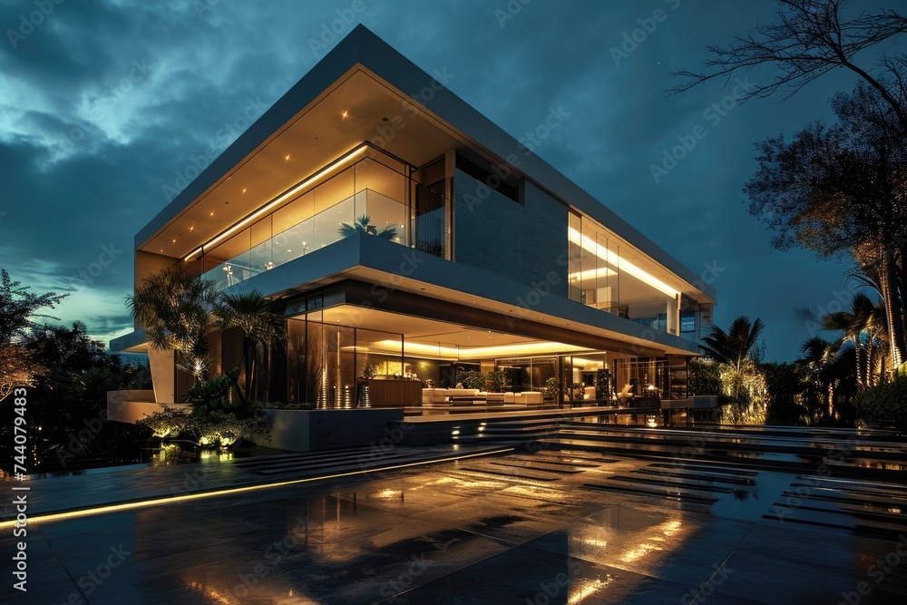 Modern Nighttime Villa: A Stunning Display of Contemporary Architecture and Luxury Design