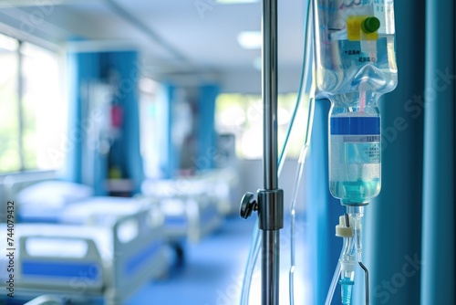 A hospital room showcasing a bed and an array of medical equipment, Intravenous drip on a stand in a hospital room, AI Generated