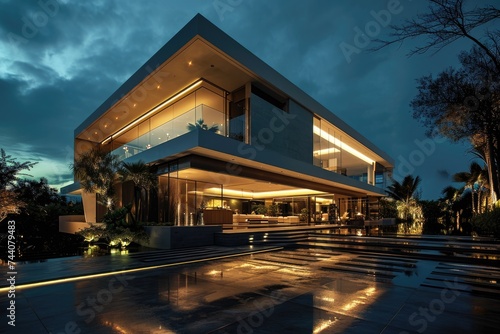 Modern Nighttime Villa: A Stunning Display of Contemporary Architecture and Luxury Design © AIGen