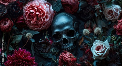 Sinister Baroque Halloween Background With Skulls and Flowers
