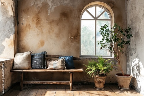 Rustic Lounge: Modern Farmhouse Living Room Interior with Wooden Bench and Arch Window