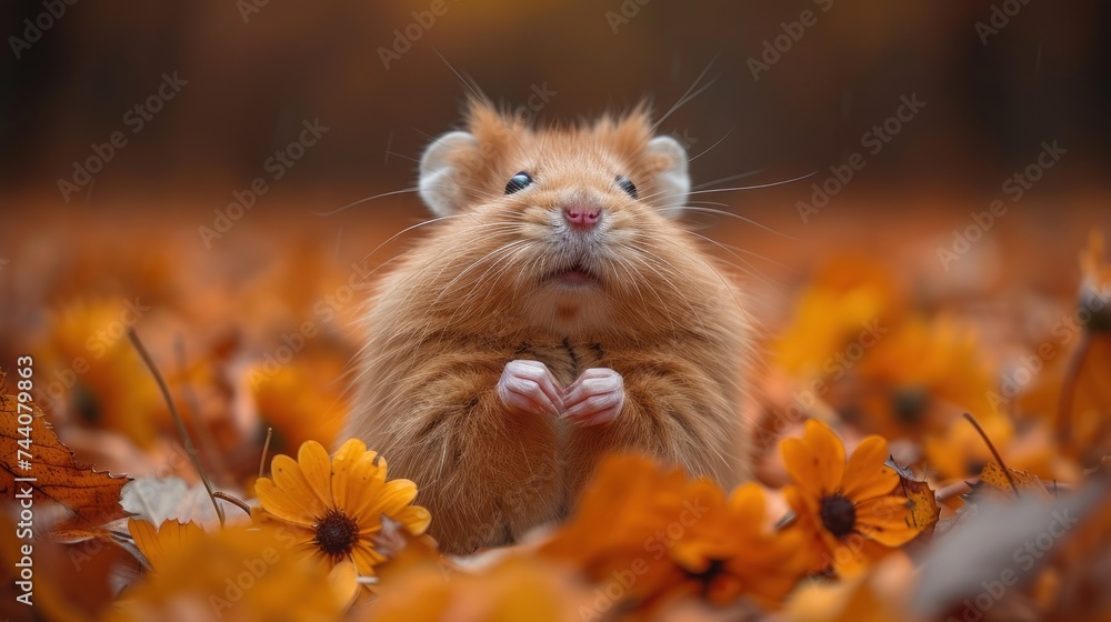  a hamster standing on its hind legs in the middle of a field of orange and yellow flowers with its front paws on it's paws, looking up at the camera.