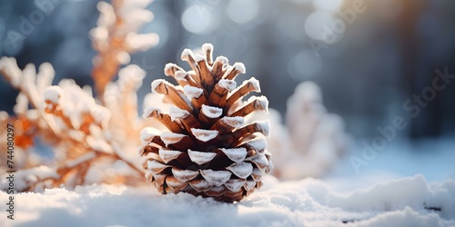 Contrasting Frosted Pine Cone Against Winter Backdrop. Concept Winter Photoshoot, Nature Elements, Seasonal Contrast