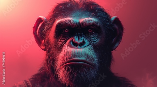  a close up of a monkey's face with a red light in the background and a red light in the foreground with a red light in the middle. © Nadia