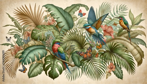 An illustration of a tropical forest mural, showcasing exotic leaves, vibrant birds, and delicate butterflies, rendered in a style reminiscent of an old botanical drawing. AI Generated