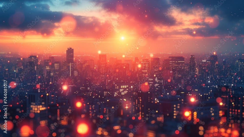 a view of a city at night from the top of a tall building with lights shining on the buildings and the city lights in the foreground are red and orange and blue. a view of a city at night from the top of a tall building with lights shining on the buildings and the city lights in the foreground are red and orange and blue.