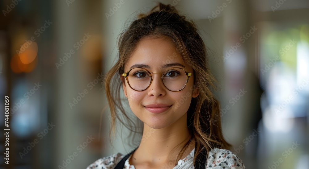 A stylish woman with a warm smile and glasses exudes confidence and sophistication in her portrait, showcasing the perfect combination of fashion and vision care