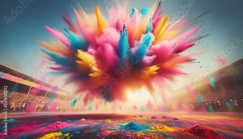 Capturing the essence of Holi with vibrant powders filling the air, creating a mesmerizing scene. AI Generative