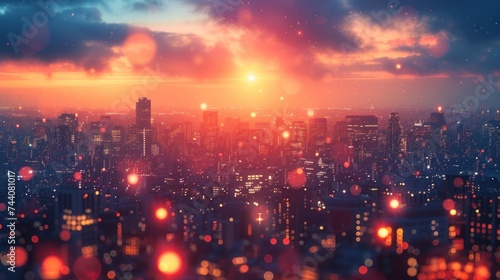  a view of a city at night from the top of a tall building with lights shining on the buildings and the city lights in the foreground are red and orange and blue.
