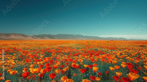  a field of red and yellow flowers with mountains in the backgrouds of the desert in the distance  with a blue sky in the middle of the foreground.