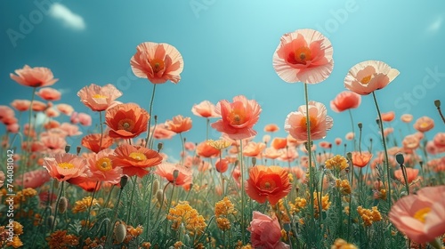  a field full of pink and yellow flowers under a blue sky with the sun shining through the clouds in the center of the picture is a field of orange and yellow and white flowers.