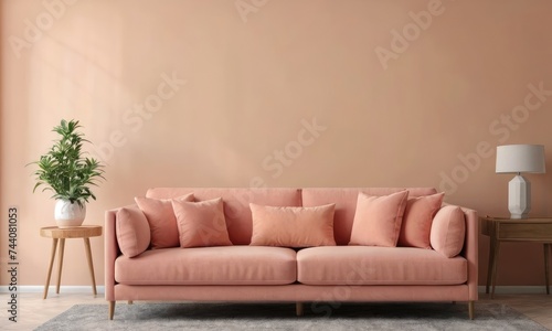 Mock up a peach - fuzz colored luxury sofa in a peach -fuzz walls living room with plant. © JuLady_studio