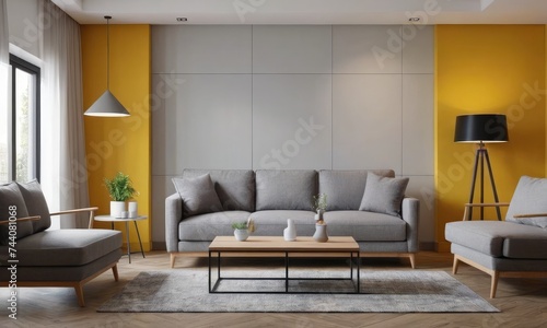 Background mock up grey colored luxury sofa in a grey walls living room. 