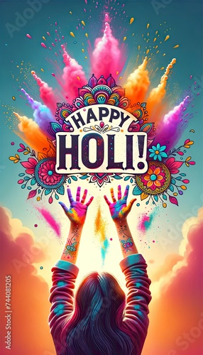 Capturing a joyous moment with hands throwing colorful powders into the air against a bright sky, adorned with decorative elements. AI Generative