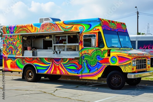 A colorful food truck is parked on the side of the road, offering a variety of delicious cuisines to passersby, Kooky food truck selling exotic fusion foods, AI Generated