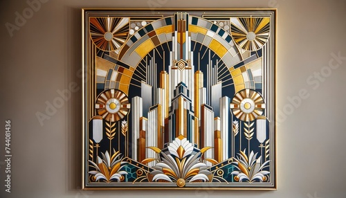 A photo of an elegantly framed Art Deco artwork, showcasing signature geometric shapes, golden accents, skyscrapers, sunbursts, and stylized flora reminiscent of the roaring twenties. AI Generated