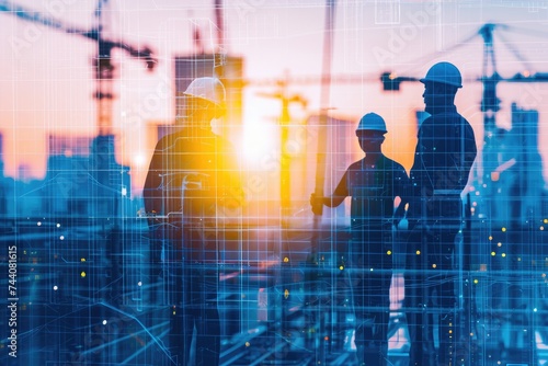 Group of People Standing Next to Each Other at a Park Bench, Layered image of civil engineers working on a future building project, AI Generated