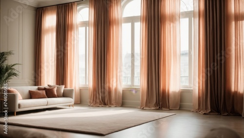 full curtains in an apartment light-colored room with subtle pops of color depth of field background. Earth-natural colors subtle pops of color high-contrasting feminine natural materials home design
